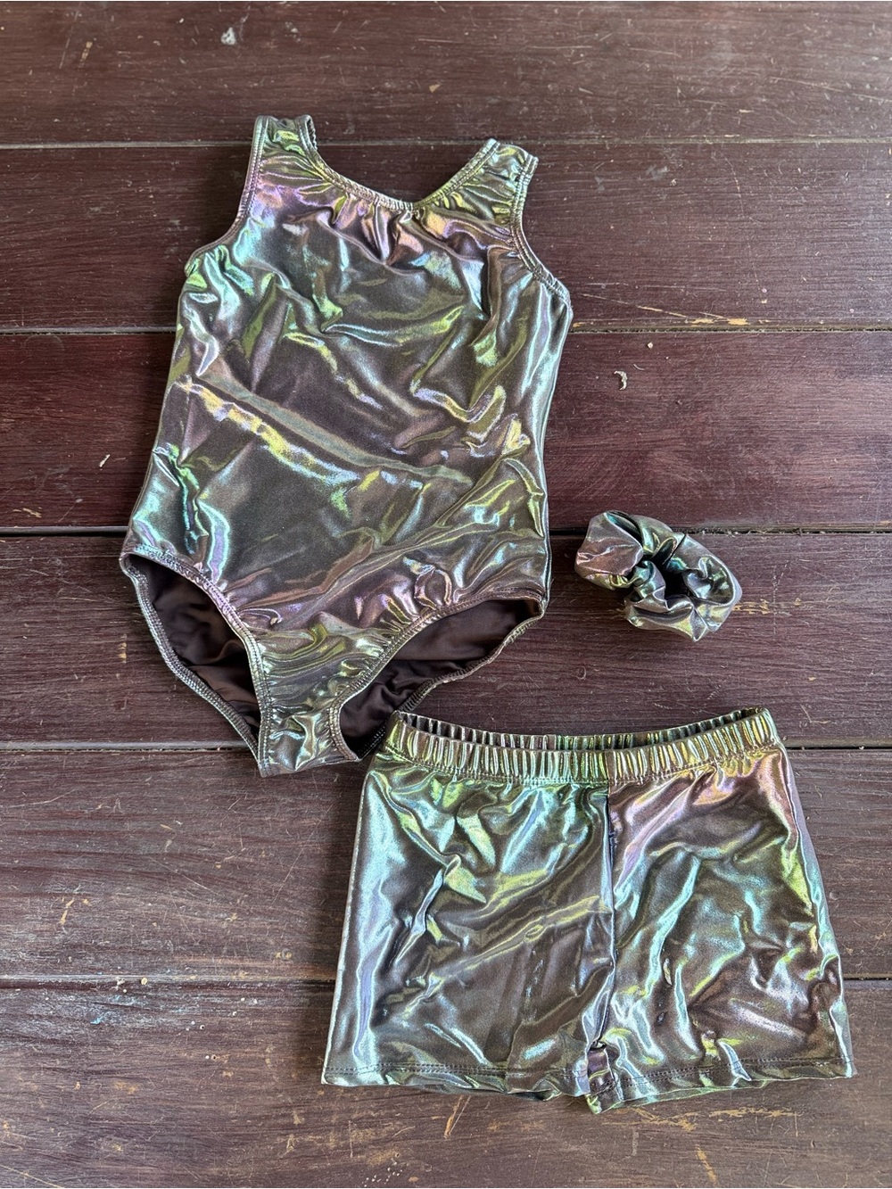 Kids Girls 6-7Y Iridescent Multi-Color Sleeveless Leotard Shorts Set